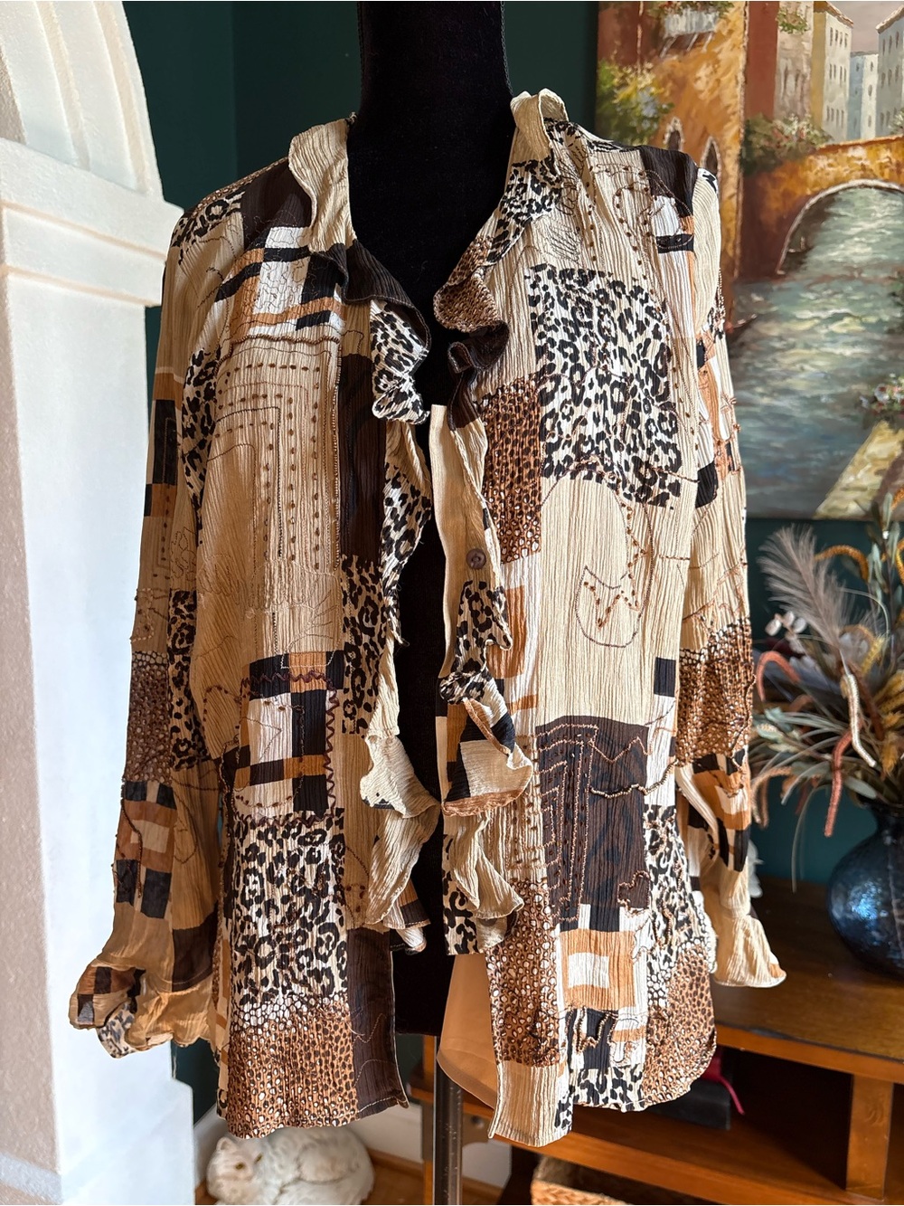 Ruffled Patchwork Animal-Print Blazer Jacket - Beige & Brown